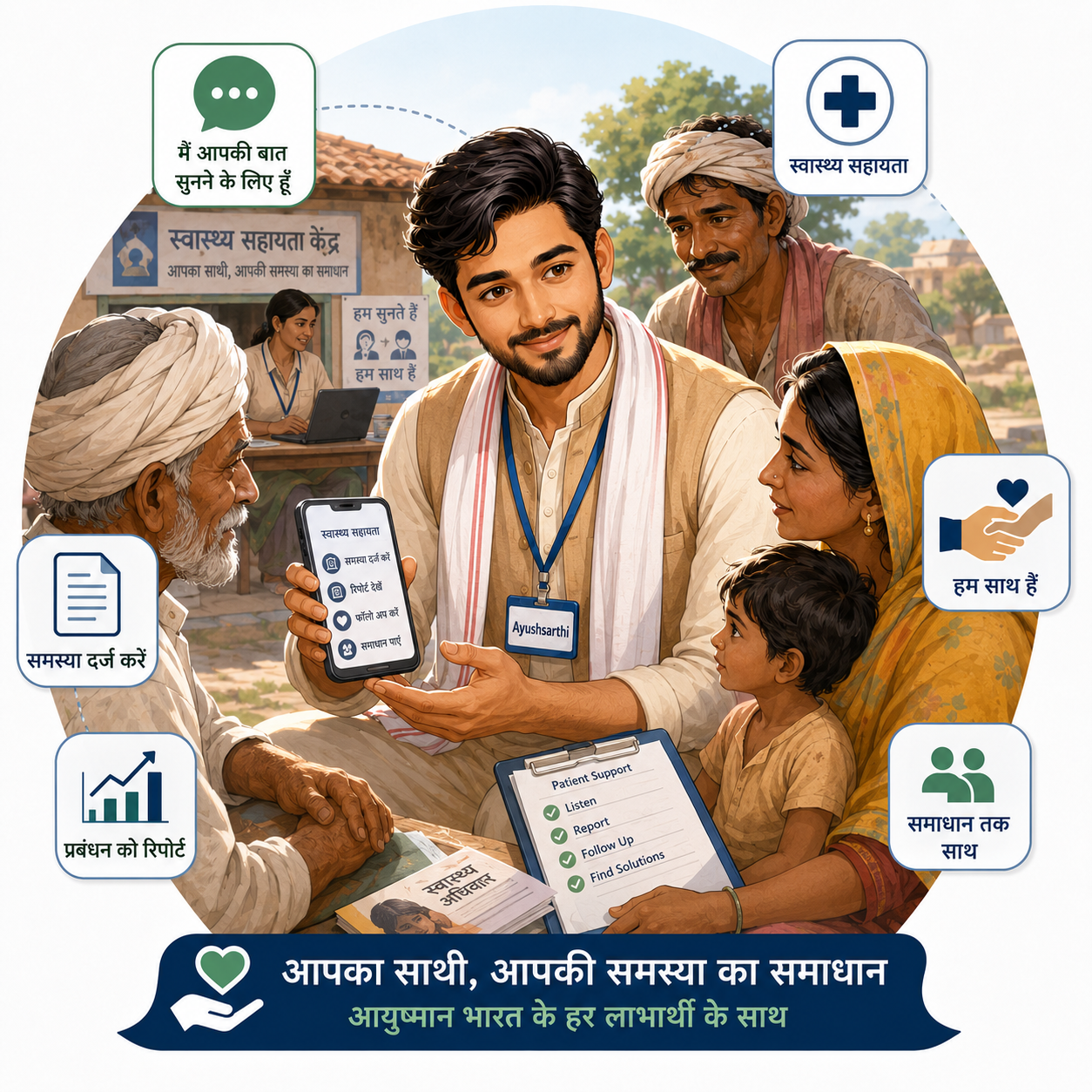 आयुषसार्थी एक आयुष्मान भारत मरीज परिवार को अस्पताल सहायता से जोड़ते हुए